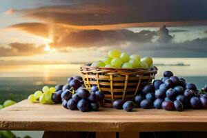 grapes in a basket on a table with a sunset in the background. AI-Generated photo