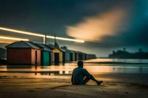 un hombre sentado en el playa a noche con un casa en el antecedentes. generado por ai foto