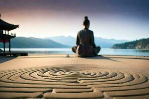 a woman meditating in front of a spiral pattern. AI-Generated photo