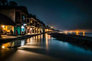 a long exposure photograph of houses along the shore at night. AI-Generated photo