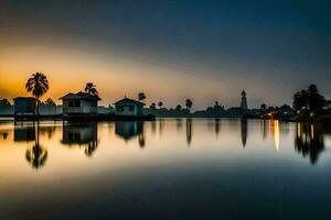 un lago con casas y palma arboles a puesta de sol. generado por ai foto