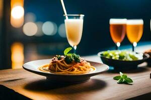 spaghetti and wine on a wooden table. AI-Generated photo