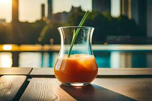 a glass of orange juice on a table in front of a city skyline. AI-Generated photo