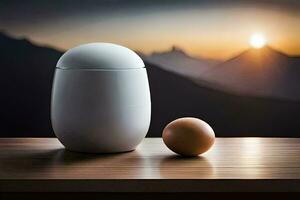 an egg and a white container sitting on a table. AI-Generated photo