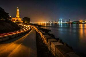 un largo exposición fotografía de un ciudad horizonte a noche. generado por ai foto