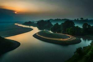 un río a puesta de sol con un largo exposición. generado por ai foto