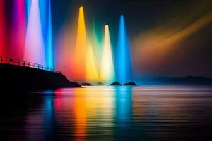 colorful lights are shining on the water. AI-Generated photo