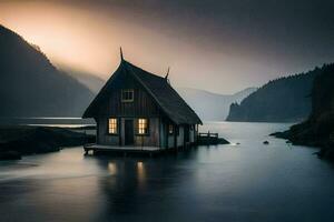 a small house sits on the shore of a lake. AI-Generated photo