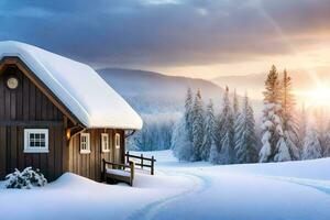 un cabina en el nieve con el Dom brillante. generado por ai foto