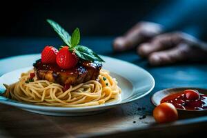 a plate of spaghetti with meat and tomatoes. AI-Generated photo