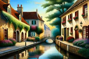 a painting of a canal in a small town. AI-Generated photo