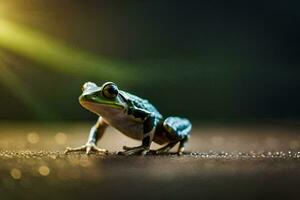 a frog is standing on the ground in front of the sun. AI-Generated photo