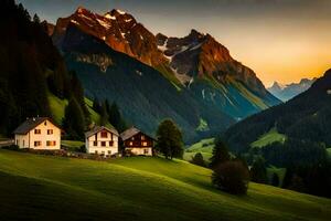 un casa en el montañas a puesta de sol. generado por ai foto