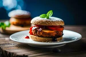 a hamburger with tomato, cheese and pepper on a plate. AI-Generated photo