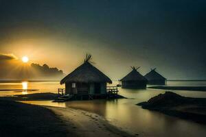 the sun rises over the water and the huts in the middle. AI-Generated photo