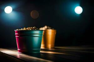 two colorful buckets of popcorn on a wooden table. AI-Generated photo