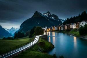 a long exposure photo of a river and mountain range. AI-Generated