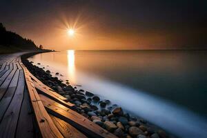 a wooden boardwalk leads to the ocean at sunset. AI-Generated photo