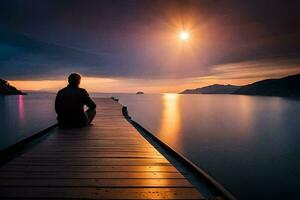 a man sitting on a dock looking at the sun. AI-Generated photo