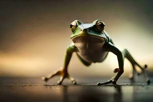 a frog is standing on its hind legs. AI-Generated photo