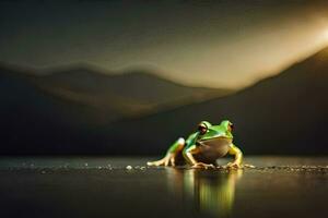 a frog sitting on the ground in front of a mountain. AI-Generated photo