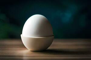 an egg sitting in an egg cup on a table. AI-Generated photo