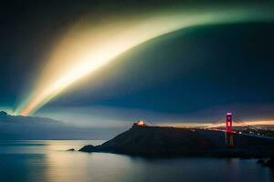 el Aurora borealis terminado el dorado portón puente. generado por ai foto