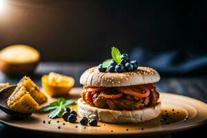 a hamburger with blueberries and tomatoes on a plate. AI-Generated photo