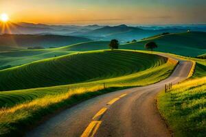 el la carretera a el puesta de sol. generado por ai foto