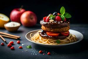 a plate of food with chocolate cake, strawberries and other ingredients. AI-Generated photo