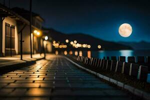 a moonlit street with a path leading to the water. AI-Generated photo