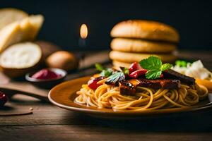 spaghetti with meat and vegetables on a wooden table. AI-Generated photo