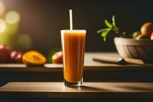 a glass of orange juice with a straw. AI-Generated photo