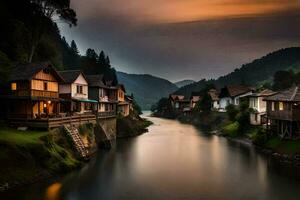 a river runs through a village at sunset. AI-Generated photo