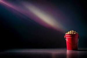 a red bucket filled with popcorn on a dark table. AI-Generated photo