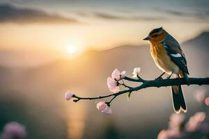 a bird sits on a branch with flowers in the background. AI-Generated photo