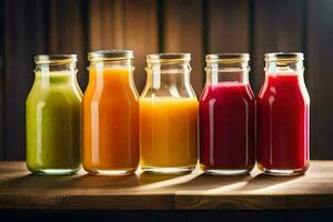 five different types of juices in glass bottles. AI-Generated photo