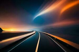 a long exposure photograph of a road with a bright light. AI-Generated photo