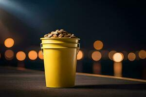a yellow cup filled with nuts sitting on a table. AI-Generated photo