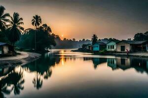 a river with houses and palm trees at sunset. AI-Generated photo