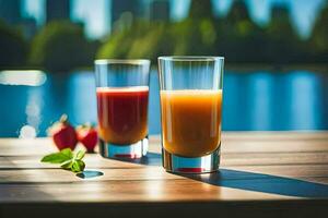 two glasses of juice on a table near a lake. AI-Generated photo