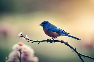 un azul pájaro se sienta en un rama con rosado flores generado por ai foto