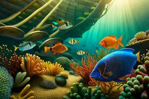 an underwater scene with colorful fish and corals. AI-Generated photo