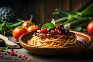 spaghetti with meat and vegetables on a wooden table. AI-Generated photo