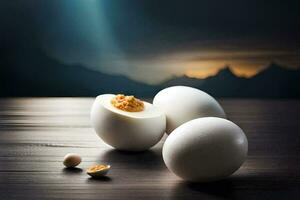 three hard boiled eggs on a table with a mountain in the background. AI-Generated photo