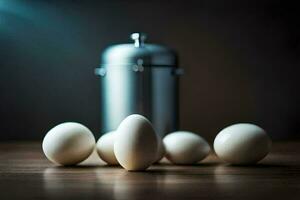 eggs on a table with a silver canister. AI-Generated photo