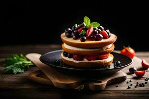 a cake with berries and cream on a wooden table. AI-Generated photo