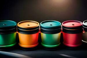 a row of colorful plastic coffee cups. AI-Generated photo