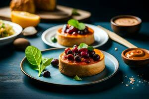 two small cakes with berries and nuts on a blue table. AI-Generated photo