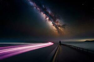a man standing on the road with the milky in the background. AI-Generated photo